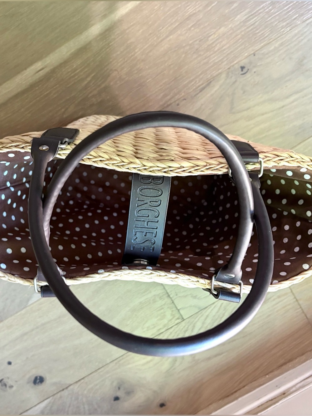 Woven Straw Tote Bag with Brown Handles - Picture 2 of 3